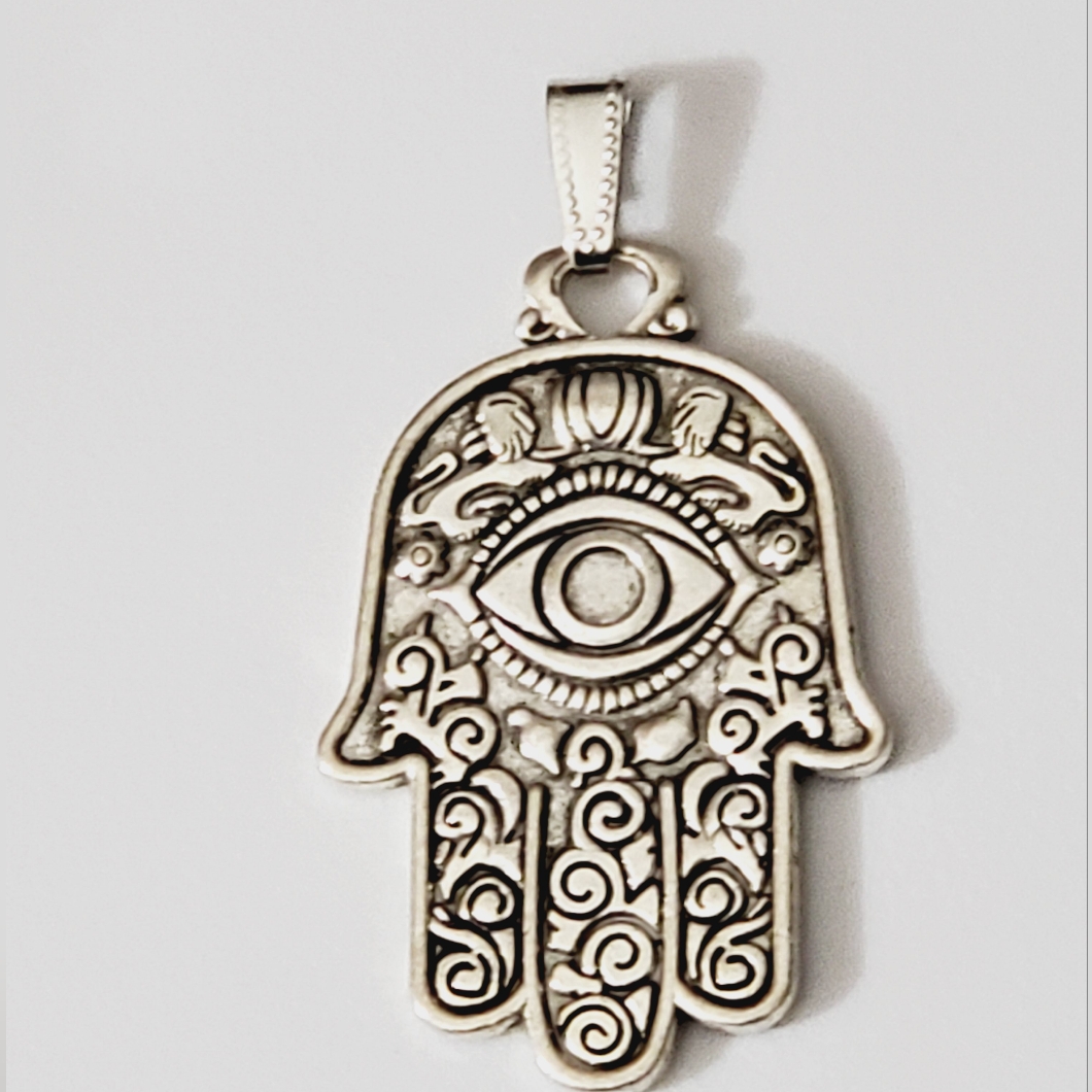2 Sides! Evil Eye Hamsa Hand Necklace Pendant Silver Detailed Handmade New